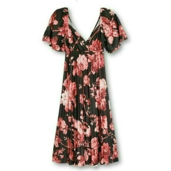NWT ASOS Floral Print Twist Cut Out Back Flatter Sleeves Pleated Midi Dress - Picture 3 of 6